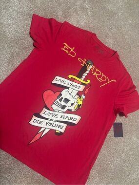Ed Hardy Red Short Sleeve Tee with Skull & Dagger Graphic